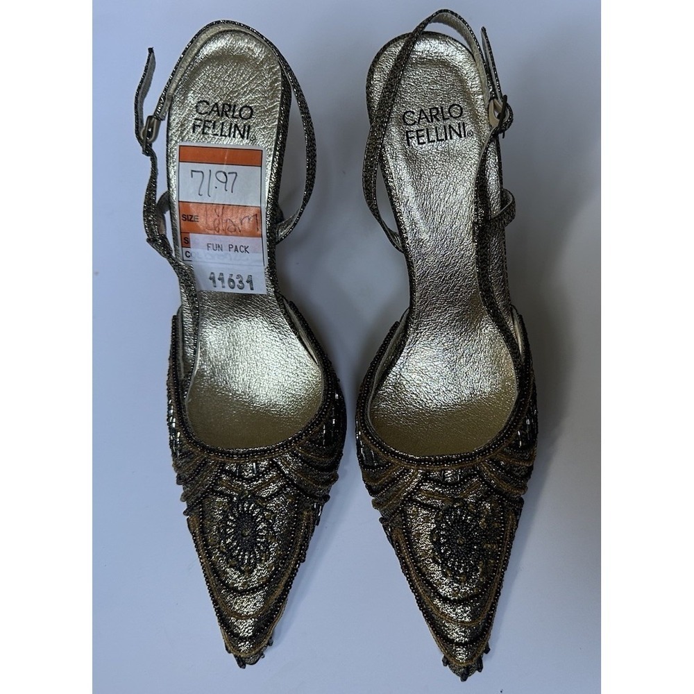 Carlo Fellini Lily Gold Slingback Shoes Size 6.5 *New* With Box